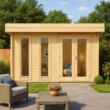 A lifestyle shot shows the GardenHouse24 USA Miriam 44B Modern Garden Room in a landscaped backyard with rattan furniture in the foreground