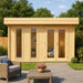 A lifestyle shot shows the GardenHouse24 USA Miriam 44B Modern Garden Room in a landscaped backyard with rattan furniture in the foreground