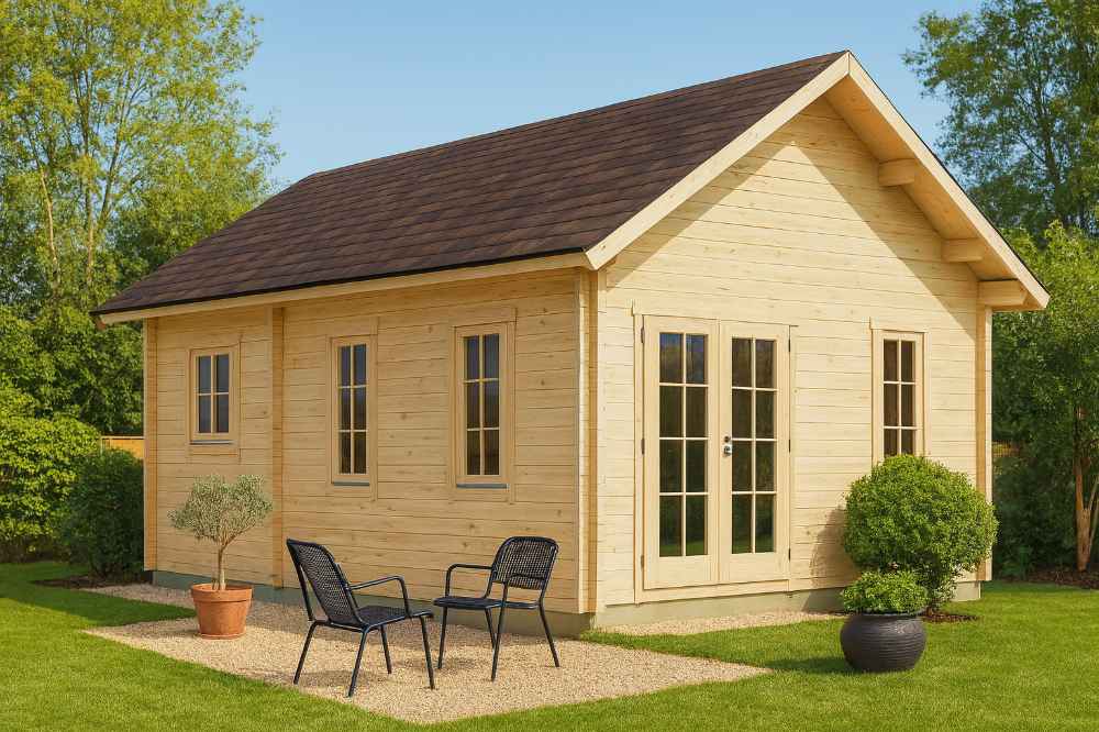 A light wood cabin with a dark roof sits on a grassy lawn with two black patio chairs and potted plants outside, showcasing the GardenHouse24 USA Farum 70 Garden Room