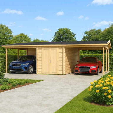 A light wooden GardenHouse24 USA Carport Hans 70 Garden Room with a flat roof, two parking bays, and a center garden room is shown with two luxury cars parked beneath