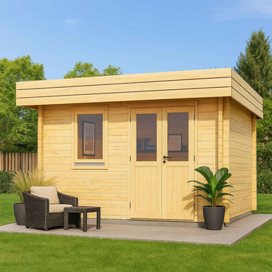 A light wooden GardenHouse24 USA Miriam 44A Classic Garden Room with flat roofing and double doors stands on a lawn