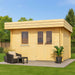 A light wooden GardenHouse24 USA Miriam 44A Classic Garden Room with flat roofing and double doors stands on a lawn