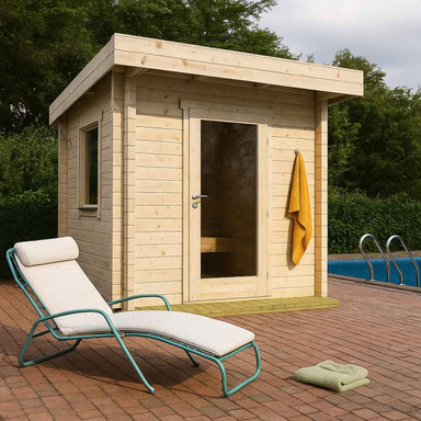 A light wooden GardenHouse24 USA Sauna Li 90 Garden Room stands beside a pool with a cushioned lounge chair and folded towels nearby
