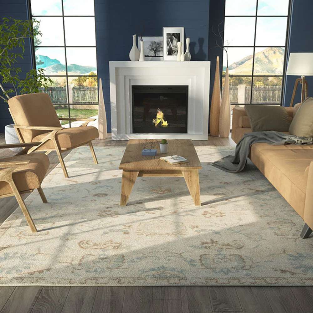 A living room with tan seating and a fireplace is elevated by Momeni Anatolia Indoor Rug - ANA-5 Beige