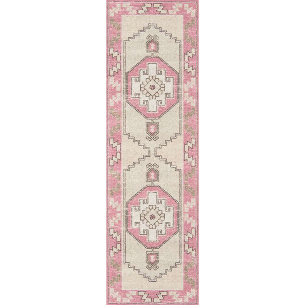 A long, narrow Momeni Anatolia Indoor Rug - ANA-2 Pink runner showcases geometric patterns in pink and ivory tones
