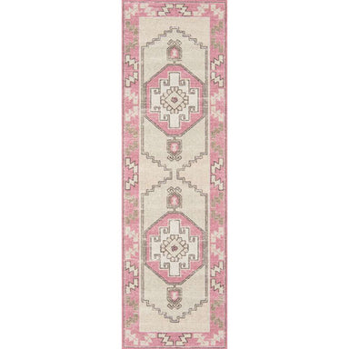 A long, narrow Momeni Anatolia Indoor Rug - ANA-2 Pink runner showcases geometric patterns in pink and ivory tones