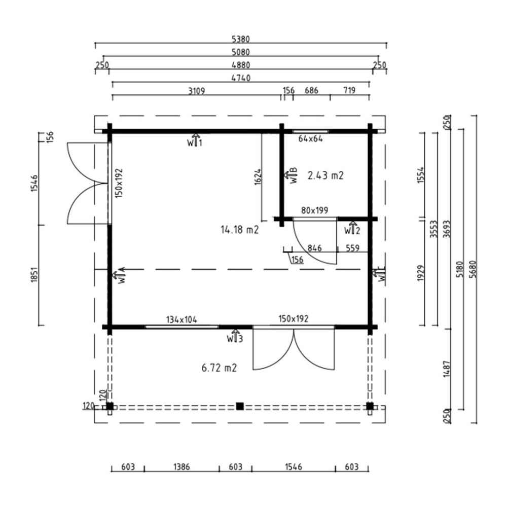 A measured layout shows the room divisions, furniture placement, and total square meters of the GardenHouse24 USA Lerum 70 Garden Room