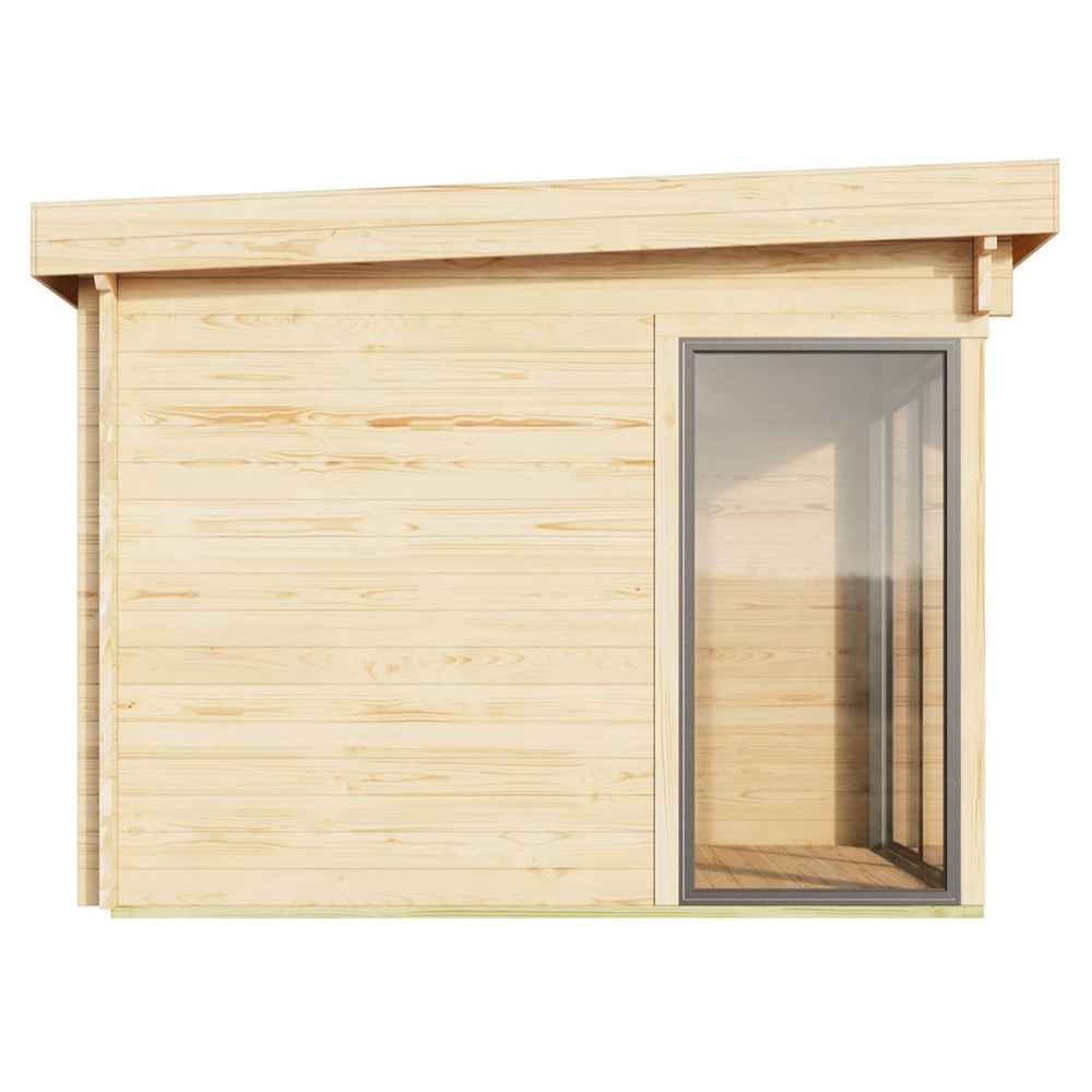 A minimalist side view showing a single tall window on a clean wooden wall, highlighting the modern design of the GardenHouse24 USA ALU Concept 70G Garden Room