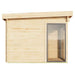 A minimalist side view showing a single tall window on a clean wooden wall, highlighting the modern design of the GardenHouse24 USA ALU Concept 70G Garden Room