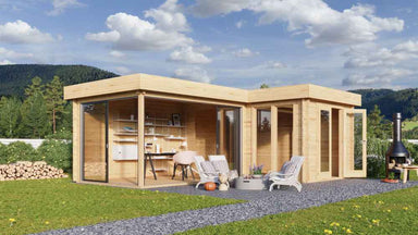 A modern GardenHouse24 USA ALU Concept Quinta 70 Garden Room with glass walls and a cozy outdoor seating area