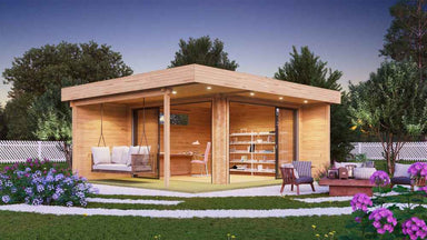 A modern GardenHouse24 USA ALU Concept Relax 70A Garden Room room with large sliding glass doors, open seating, and cozy interior lighting