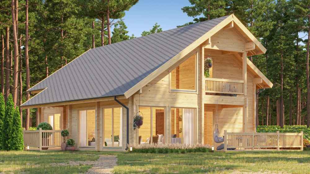 A modern GardenHouse24 USA Olivia 90 Garden Room with a sloped roof, wide glass doors, and a wraparound porch nestled in the woods