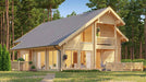 A modern GardenHouse24 USA Olivia 90 Garden Room with a sloped roof, wide glass doors, and a wraparound porch nestled in the woods