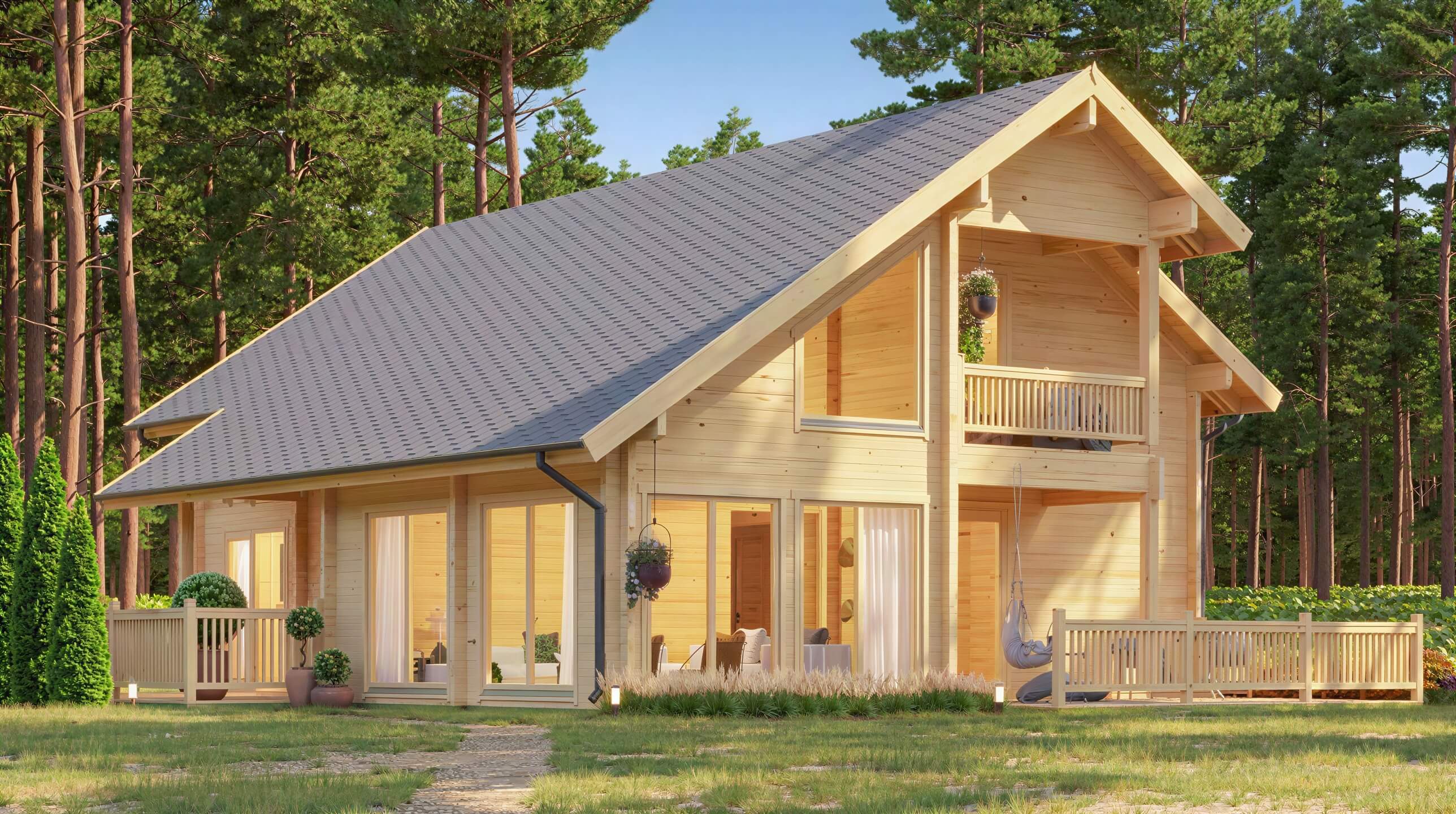 A modern GardenHouse24 USA Olivia 90 Garden Room with a sloped roof, wide glass doors, and a wraparound porch nestled in the woods