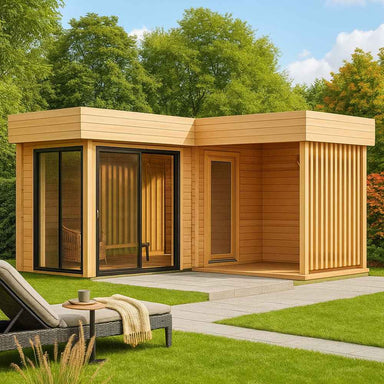 A modern L-shaped GardenHouse24 USA Sauna Piano 70 Garden Room with wood paneling, large black-framed sliding glass doors, and a cozy patio