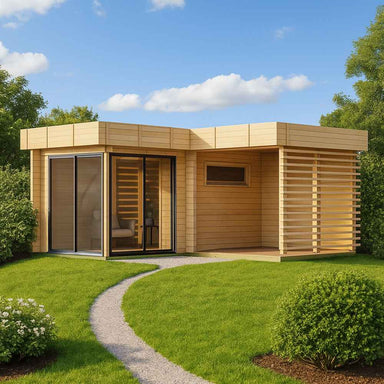 A modern, L-shaped wooden GardenHouse24 USA Sauna Forte 70 Garden Room with large glass doors and a shaded porch