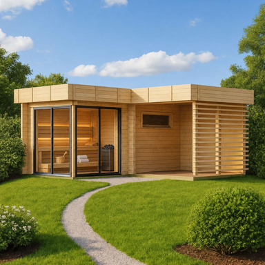 A modern, L-shaped wooden GardenHouse24 USA Sauna Forte 70 Garden Room with large glass doors and a shaded porch