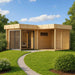 A modern, L-shaped wooden GardenHouse24 USA Sauna Forte 70 Garden Room with large glass doors and a shaded porch