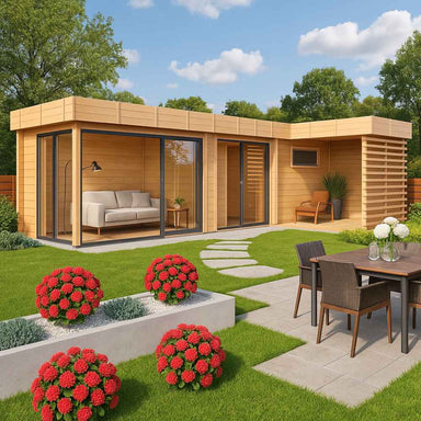 A modern L-shaped wooden GardenHouse24 USA Sauna Quieto 70 Garden Room with large glass walls and cozy outdoor landscaping