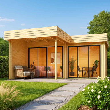 A modern L-shaped wooden structure with floor-to-ceiling glass doors, cozy indoor seating, and a garden path leading up to it is the GardenHouse24 USA Lasse 44B ALU Garden Room