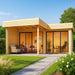 A modern L-shaped wooden structure with floor-to-ceiling glass doors, cozy indoor seating, and a garden path leading up to it is the GardenHouse24 USA Lasse 44B ALU Garden Room