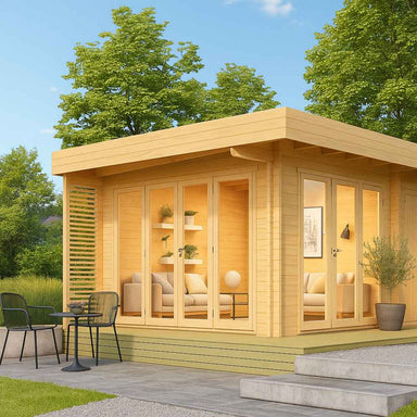 A modern light-wood GardenHouse24 USA Konrad 44 Garden Room with glass folding doors and cozy interior seating