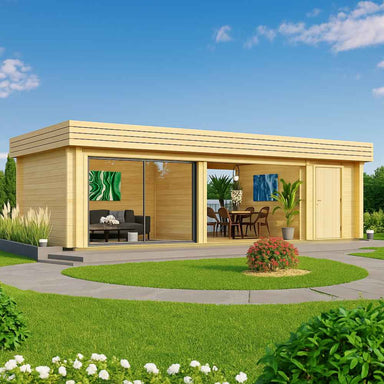 A modern, light-wood garden room with wide glass sliding doors and a stylish interior setup is shown, part of the GardenHouse24 USA Rait 44 Garden Room