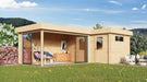 A modern, light-wood structure with large glass sliding doors opens to a furnished corner lounge, showcasing the GardenHouse24 USA ALU Concept 70N Garden Room in a blooming garden setting