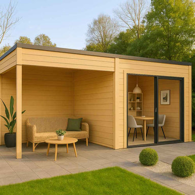 A modern light wood GardenHouse24 USA Q Bic ALU 44A SD Garden Room with a covered lounge and glass sliding doors