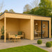 A modern light wood GardenHouse24 USA Q Bic ALU 44A SD Garden Room with a covered lounge and glass sliding doors