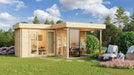 A modern light wood garden room with glass walls stands surrounded by greenery and lounge chairs, showcasing the GardenHouse24 USA ALU Concept 70M Garden Room