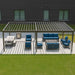 A modern patio setup shows a large Structureworks Stratus Aluminum Pergola covering blue-cushioned seating and dining furniture on a tiled surface next to a building