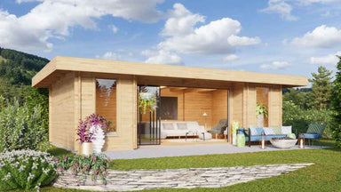 A modern, single-story wood-paneled GardenHouse24 USA ALU Concept 70Q Garden Room is nestled in a scenic green landscape with large glass doors and cozy seating inside and out