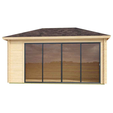 A modern structure with wide sliding glass doors on the front is the GardenHouse24 USA Pavilion ALU 44D Garden Room