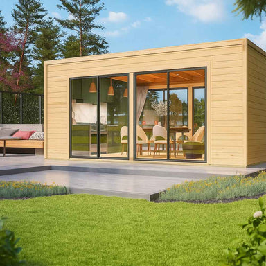 A modern structure with wood paneling and glass sliding doors showcases the GardenHouse24 USA Ramsay 70 A ALU Garden Room nestled in a lush green backyard