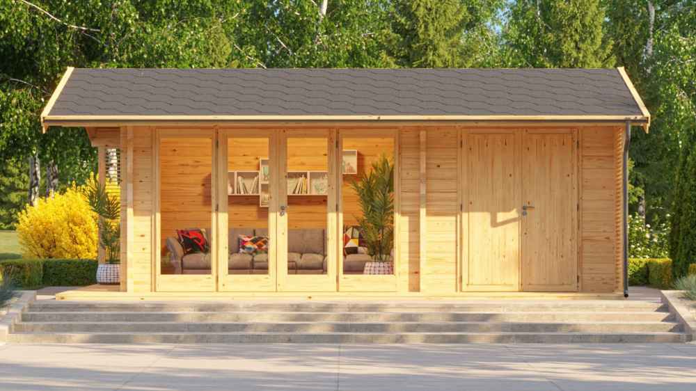 A modern version of the GardenHouse24 USA Konrad 44 B Garden Room showcases a sleek flat-roof design with expansive windows and a stylish outdoor lounge setup