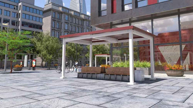 A modern white Structureworks Pavilion Trex Pergola with a red roof shelters a public seating area in a city plaza
