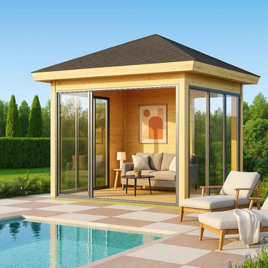 A modern wood-framed structure with large glass walls and a cozy seating area by a pool is the GardenHouse24 USA Glaspavillon ALU 44E ISO Garden Room