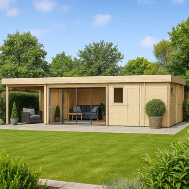 A modern wood-paneled GardenHouse24 USA Sauna St.Moritz 70 Garden Room with a covered patio, glass doors, and lush green surroundings