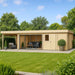 A modern wood-paneled GardenHouse24 USA Sauna St.Moritz 70 Garden Room with a covered patio, glass doors, and lush green surroundings