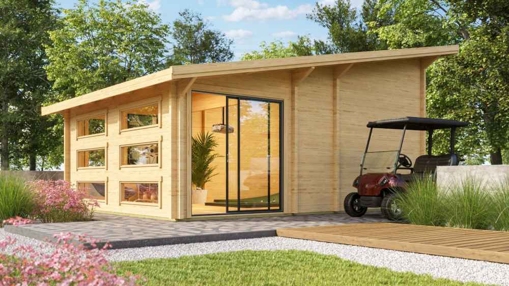 A modern wood GardenHouse24 USA Caddie 70A ALU ISO Garden Room with large horizontal windows and glass sliding doors