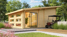 A modern wood GardenHouse24 USA Caddie 70A ALU ISO Garden Room with large horizontal windows and glass sliding doors