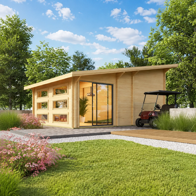 A modern wood GardenHouse24 USA Caddie 70A ALU ISO Garden Room with large horizontal windows and glass sliding doors