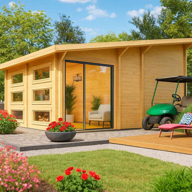 A modern wooden GardenHouse24 USA Caddie 44A ALU ISO Garden Room with large glass doors and a golf cart parked beside it