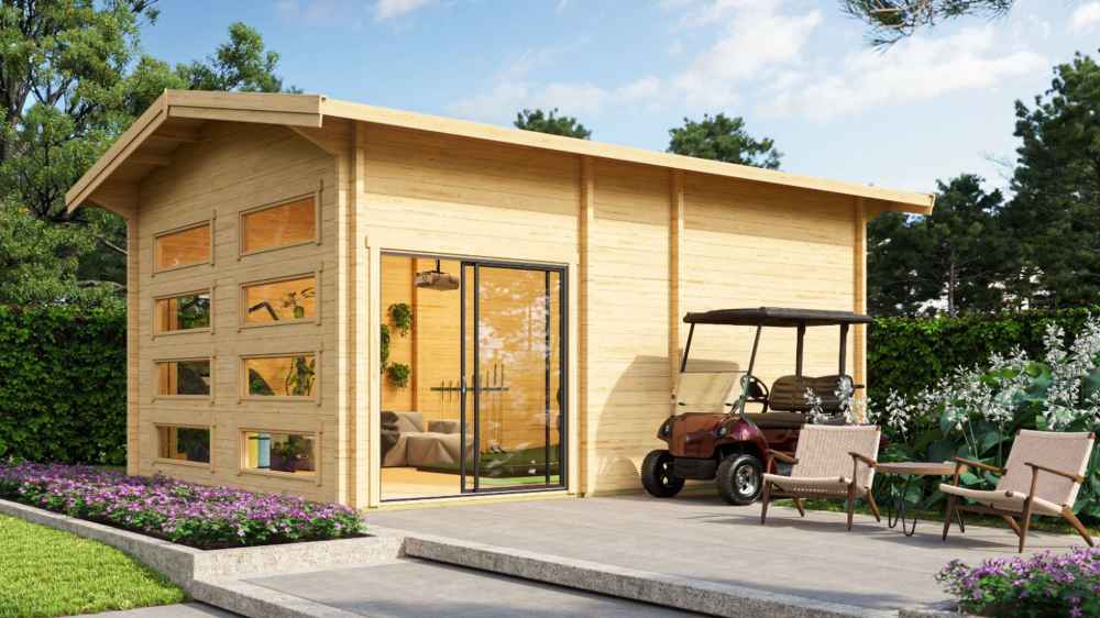 A modern wooden GardenHouse24 USA Caddie 70B ALU ISO Garden Room with a row of square windows and a glass sliding door is shown beside a golf cart and patio chairs