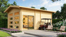 A modern wooden GardenHouse24 USA Caddie 70B ALU ISO Garden Room with a row of square windows and a glass sliding door is shown beside a golf cart and patio chairs