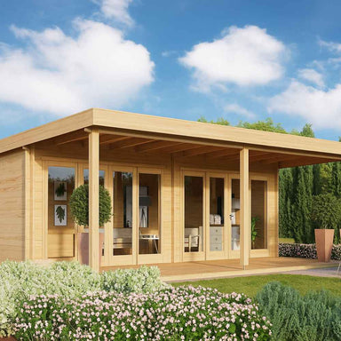 A modern wooden GardenHouse24 USA Kevin 44 VD Garden Room with full-length glass doors stands in a lush garden