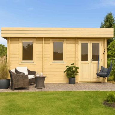 A modern wooden GardenHouse24 USA Miriam 44C Classic Garden Room with a patio setup featuring chairs, table, and plants
