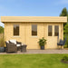 A modern wooden GardenHouse24 USA Miriam 44C Classic Garden Room with a patio setup featuring chairs, table, and plants