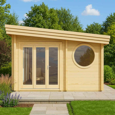 A modern wooden GardenHouse24 USA Sauna Tanonka 70 Garden Room with a circular side window and full glass double doors stands in a garden